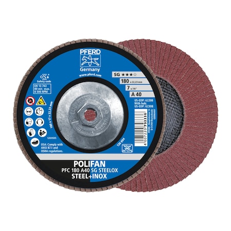 7 X 5/8-11 Thd. POLIFAN® Flap Disc - A SG STEELOX, Aluminum Oxide, 40 Grit, Conical